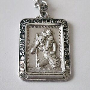 intage Sterling Silver Saint Christopher Medal Pendant Charm Chain Necklace Set